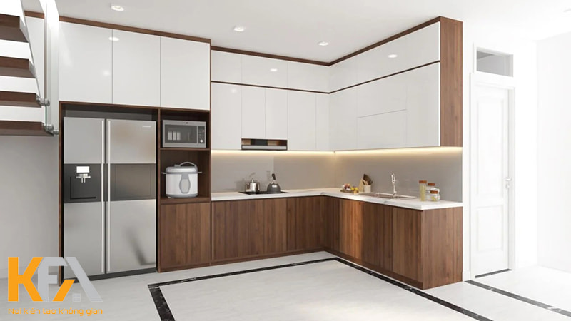 Bạn cũng có thể lựa chọn 2 bề mặt phủ khác nhau cho tủ bếp trên và tủ bếp dưới