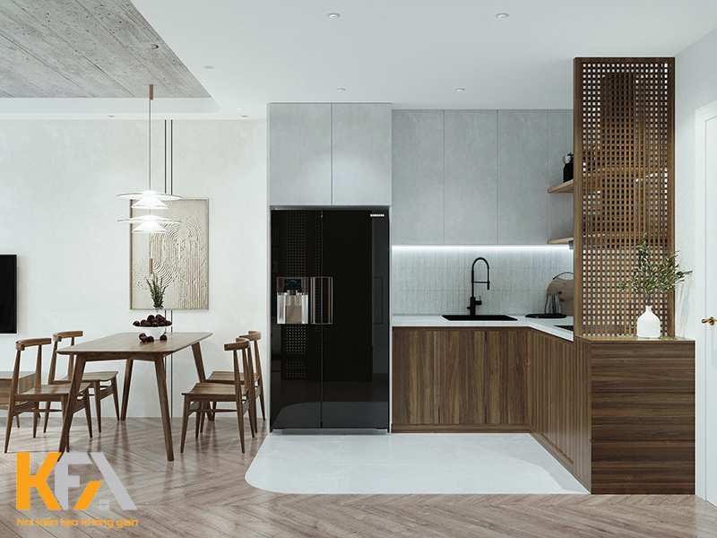 Thiết kế phòng bếp đơn giản kết hợp tủ bếp và kệ treo tường