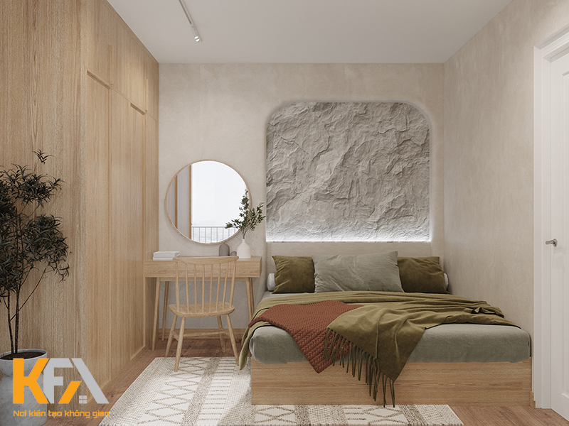 Phòng ngủ phụ được thiết kế tương tự với phòng ngủ chính về chất liệu, màu sắc và thiết kế