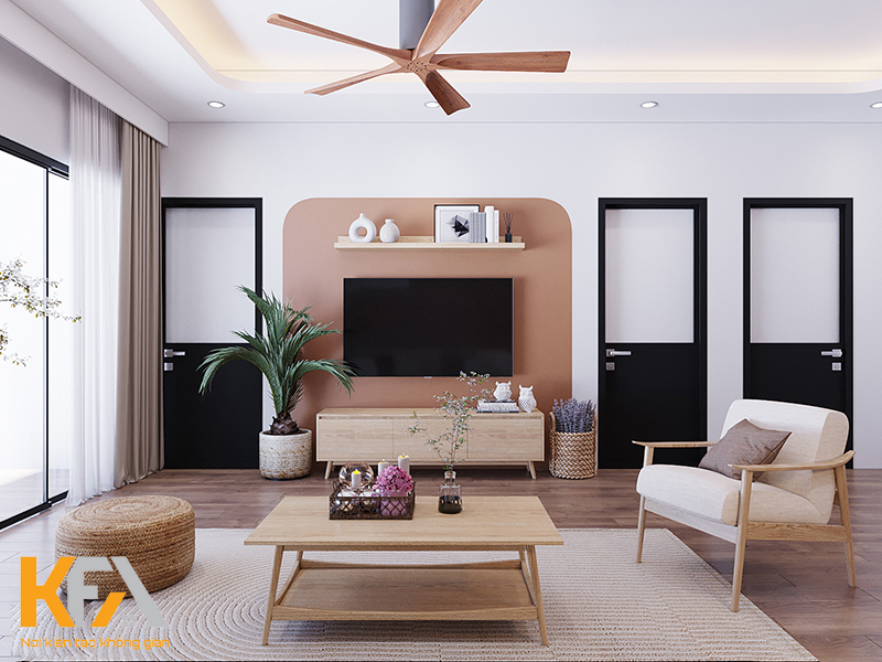 Phòng khách được trang trí đơn giản với những chất liệu nội thất quen thuộc nhằm giữ lại sự mộc mạc, gần gũi nhất