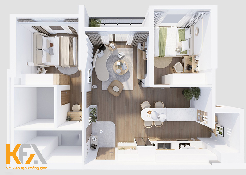 Tổng quan thiết kế nội thất 3D không gian căn hộ 2 phòng ngủ rộng 78m2