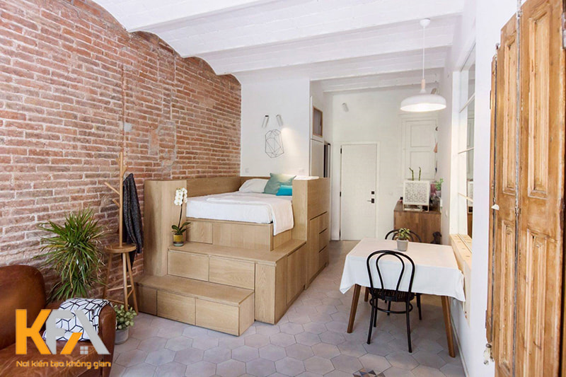 Thiết kế giường tầng gỗ nhỏ, độc đáo cho căn hộ Studio 25m2