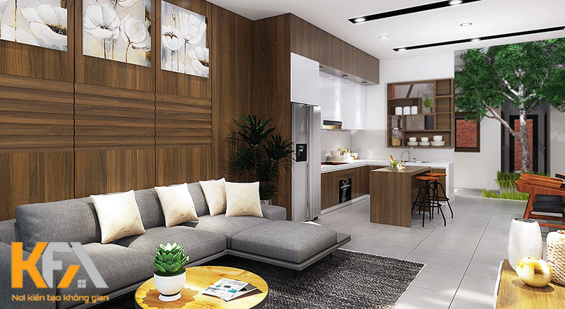 Tầng 1 của nhà phố 50m2 được thiết kế bao gồm không gian phòng khách và phòng bếp, phòng ăn
