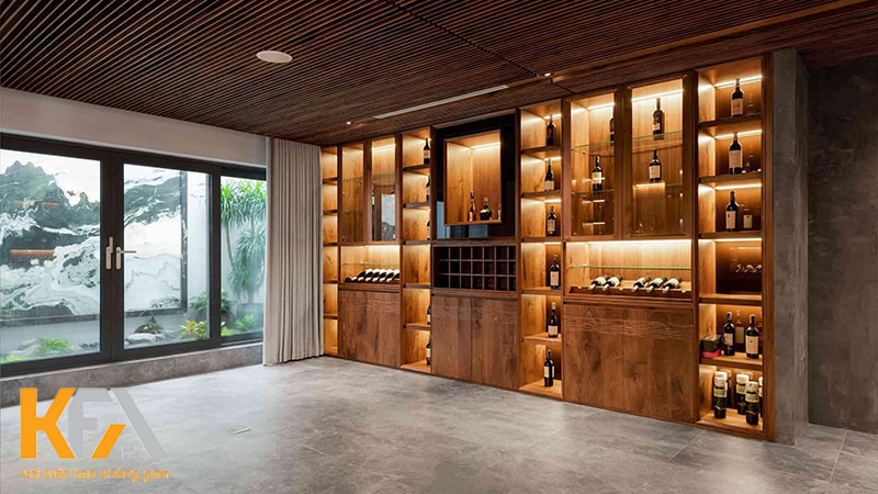 Mẫu tủ rượu âm tường gỗ công nghiệp được trang trí bằng đèn led nổi bật