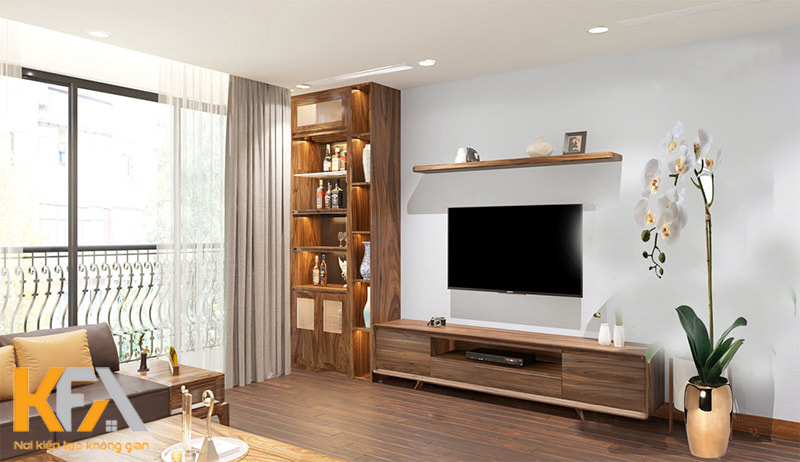Thiết kế tủ rượu đứng kịch trần gỗ công nghiệp cho phòng khách chung cư
