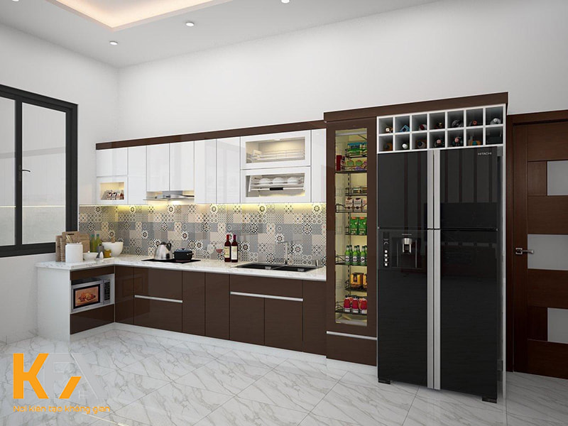 Tủ rượu tích hợp với tủ bếp là ý tưởng thiết kế được các gia đình ở chung cư đặc biệt ưa chuộng