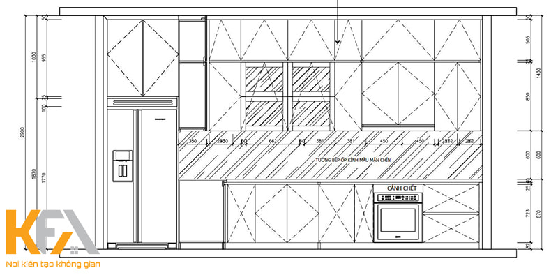 Bản vẽ tủ nhà bếp chữ I phối hợp tủ lạnhBản vẽ tủ nhà bếp chữ I phối hợp tủ lạnh