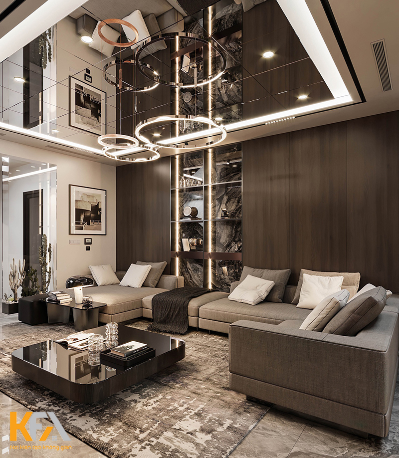 Không gian phòng khách nhà anh Diện được thiết kế theo phong cách Luxury hiện đại