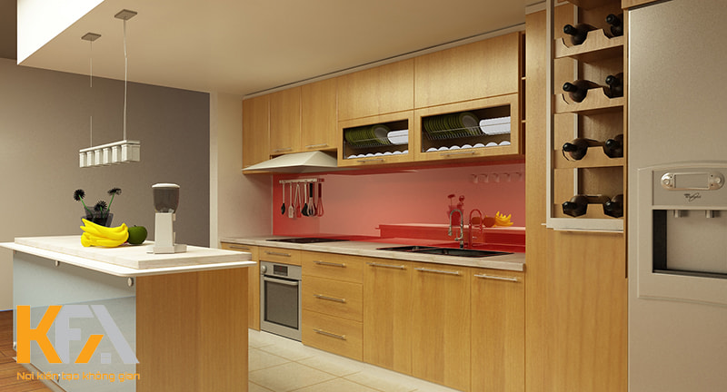 Thiết kế nội thất phòng bếp với tủ bếp Melamine chữ i kết hợp đảo bếp