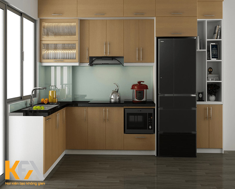 Đối với không gian bếp rộng, bạn có thể cân nhắc kết hợp bố trí tủ bếp với bàn đảo hoặc quầy bar