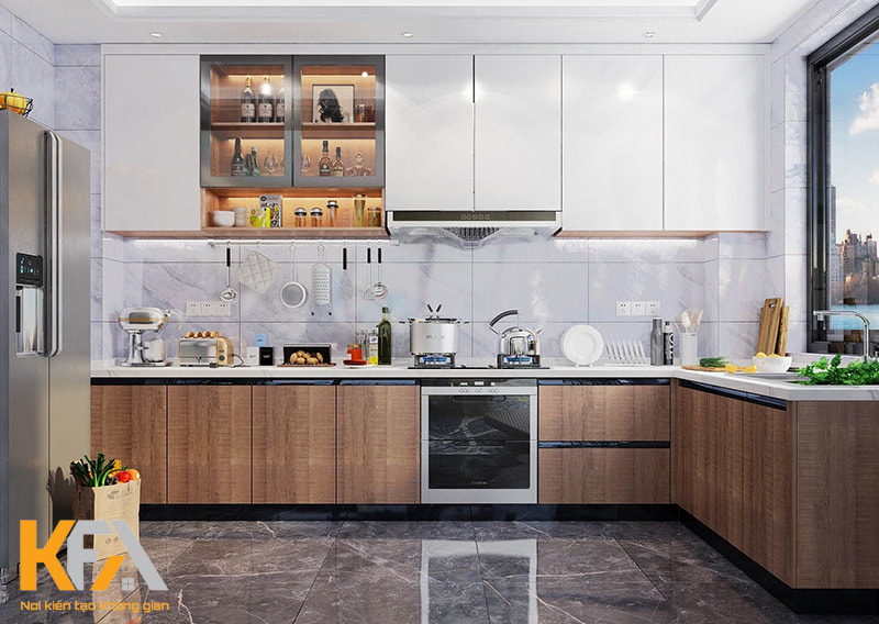 Thiết kế không gian bếp mở thông thoáng với tủ bếp chữ L hiện đại