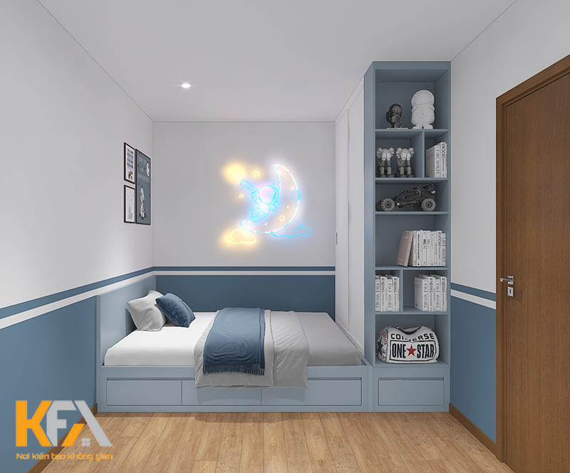 Phòng ngủ bé trai với gam màu xanh - trắng năng động