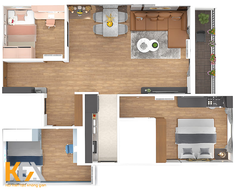 Tổng quan thiết kế 3D không gian nội thất căn hộ 92m2