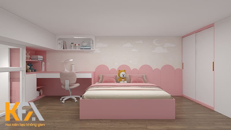Phòng ngủ của bé gái với 2 tone màu chủ đạo: trắng - hồng