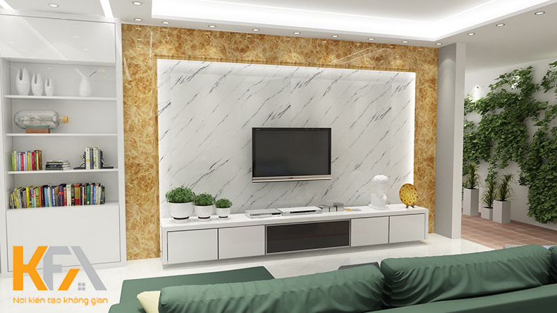 Kệ tivi nhựa treo tường kết hợp với vách lam đá phòng khách