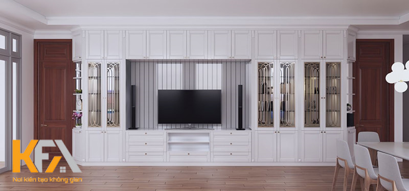 Mẫu kệ tivi kết hợp với tủ rượu kịch trần phòng khách tân cổ điển màu trắng đẹp