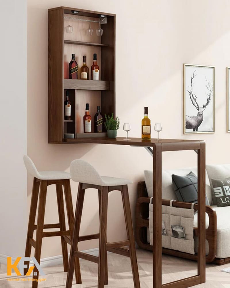 Kết hợp tủ rượu treo tường với quầy bar, bàn đảo độc đáo trong phòng khách