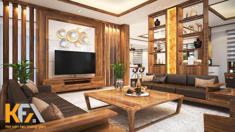 Vách ngăn gỗ kết hợp kệ tivi cho phòng khách biệt thựVách ngăn gỗ kết hợp kệ tivi cho phòng khách biệt thự