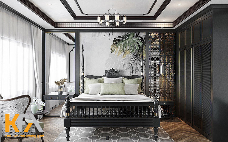 Mẫu thiết kế phòng ngủ 24m2 phong cách Indochine đầy sang trọng