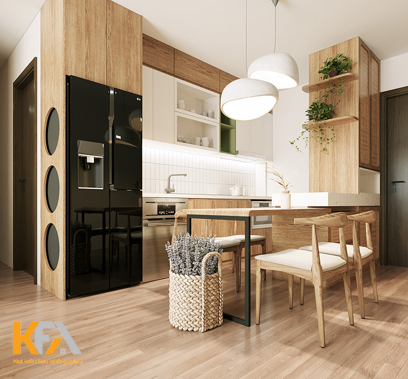 Phòng bếp được sử dụng chất liệu gỗ chủ đạo